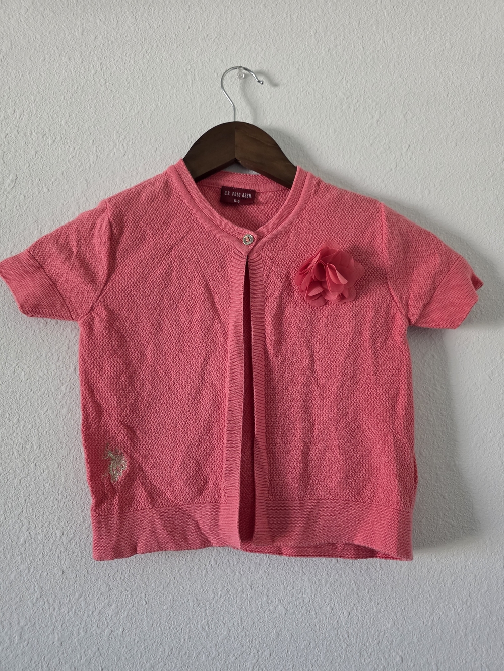 U.S. Polo Assn. Coral Pink Short-Sleeve Knit Cardigan with Flower